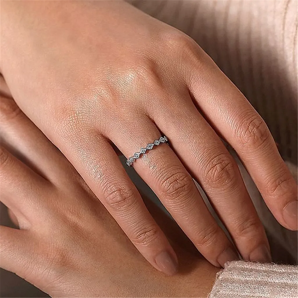 14K White Gold Geometric Diamond Stackable Ring