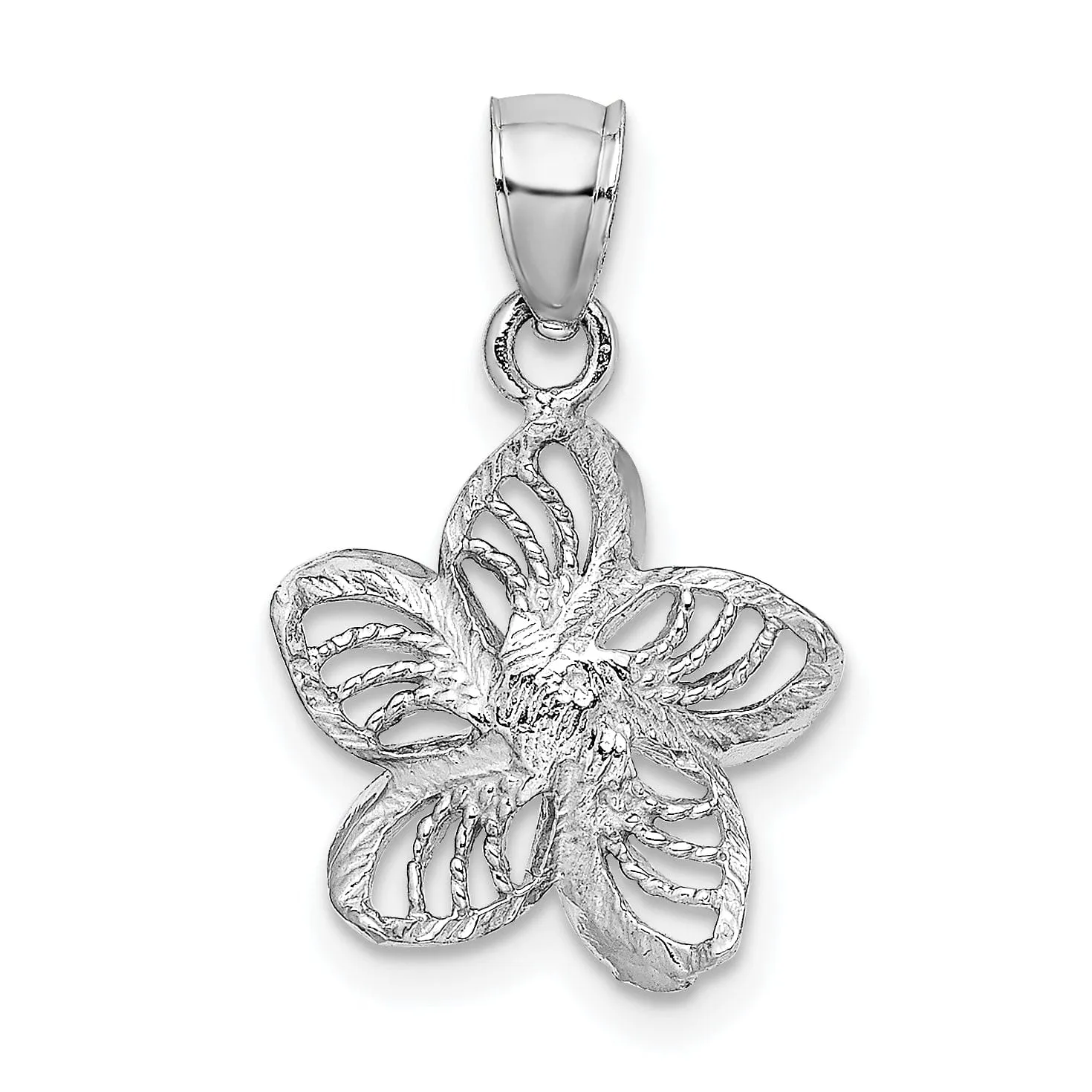 14k White Gold Textured Back Beaded Polished Finish Diamond-cut Plumeria Flower Charm Pendant