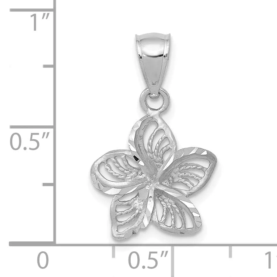 14k White Gold Textured Back Beaded Polished Finish Diamond-cut Plumeria Flower Charm Pendant