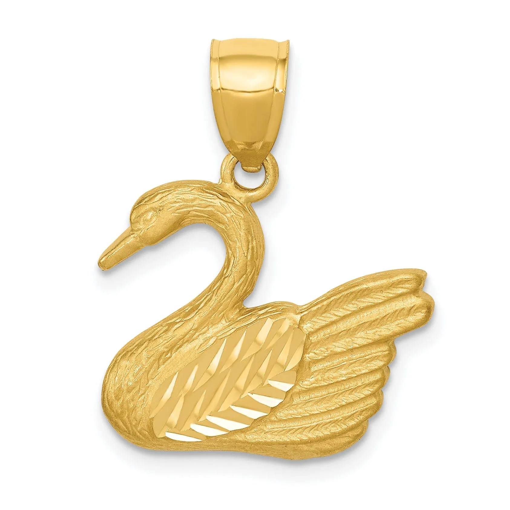 14K Yellow Gold Solid Polished  Diamond Cut Finish Concav Shape Swan Charm Pendant