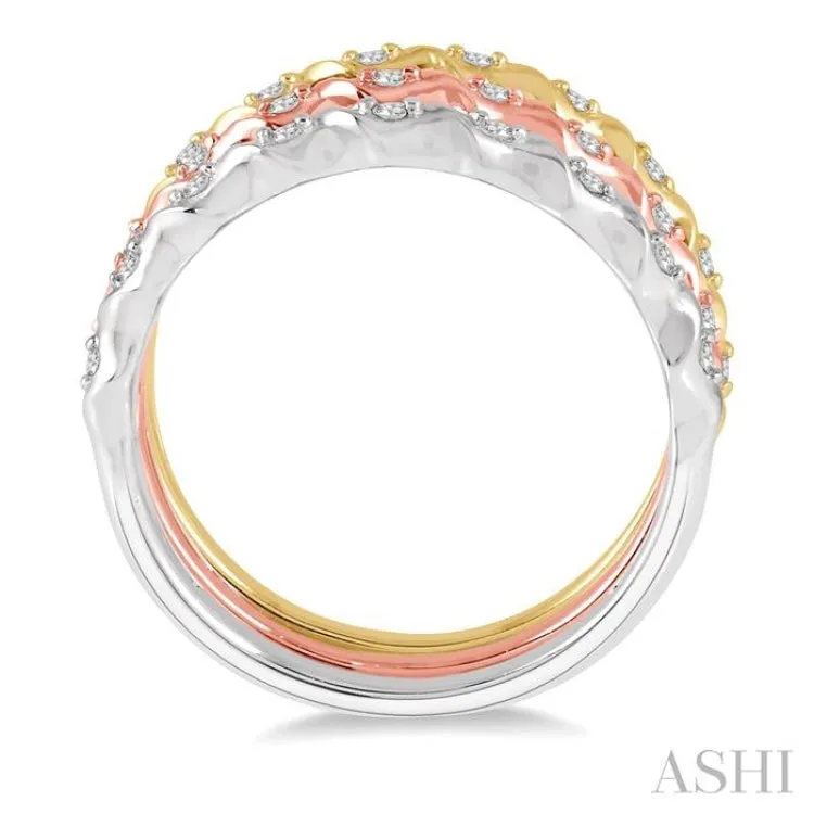 1/5 ctw Twisted Top Three Tone Round Cut Diamond Stackable Band in 14K White, Yellow and Rose Gold