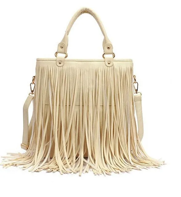 2016 Women Bags Leather Solid Street Western Punk Tassel Fringe Casual Handbag Womens Shoulder  Bag