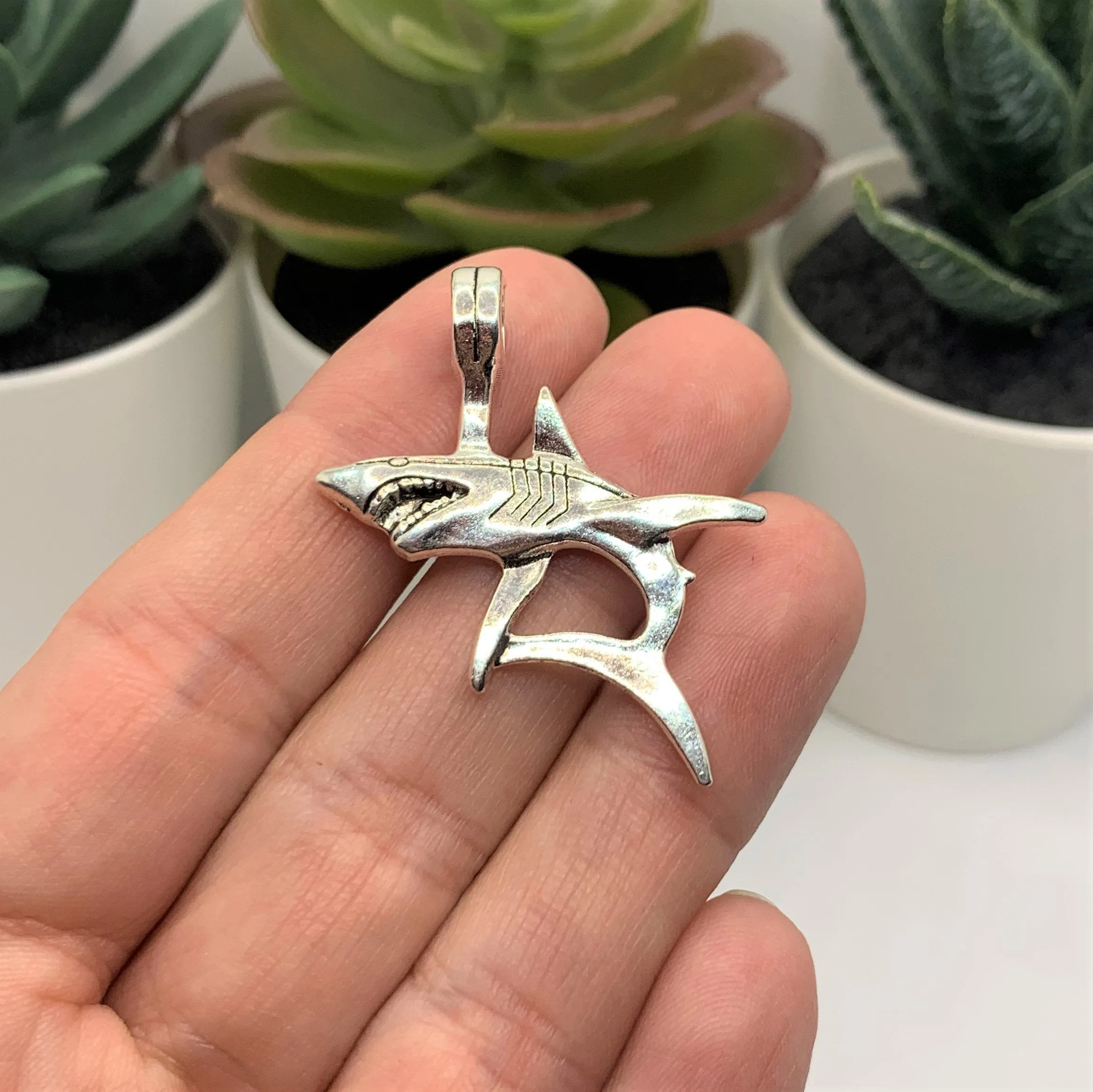 4 or 12 Pieces: Silver Shark Charms - Double Sided