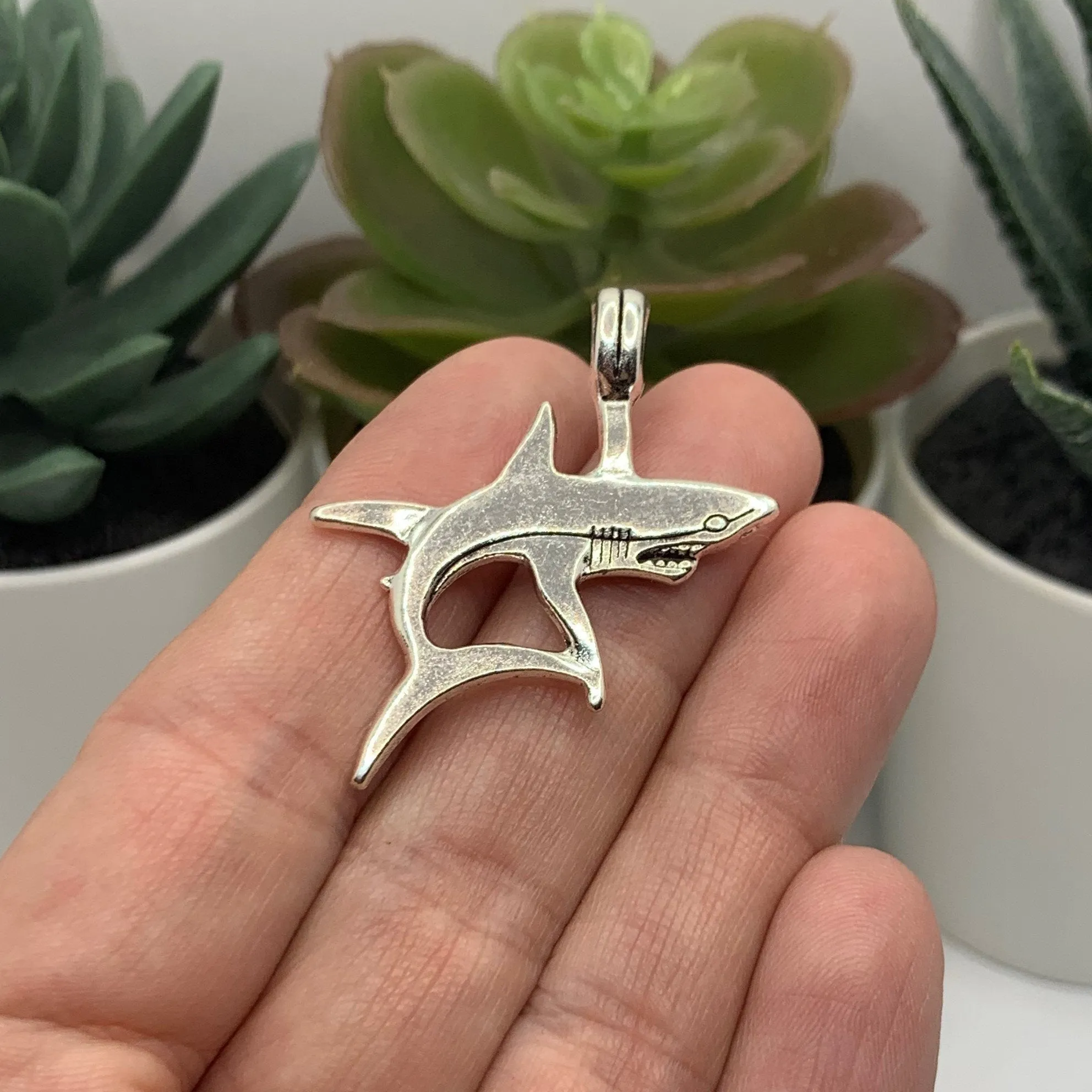 4 or 12 Pieces: Silver Shark Charms - Double Sided