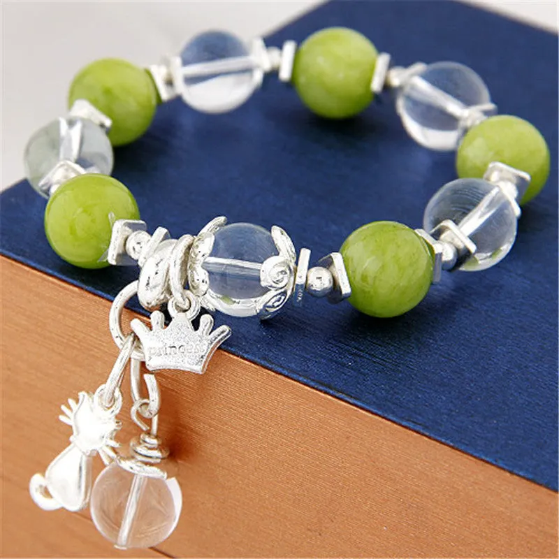 6 Colors Sweet Crystal Beads Bracelets & Bangles Crown Cat Pendant