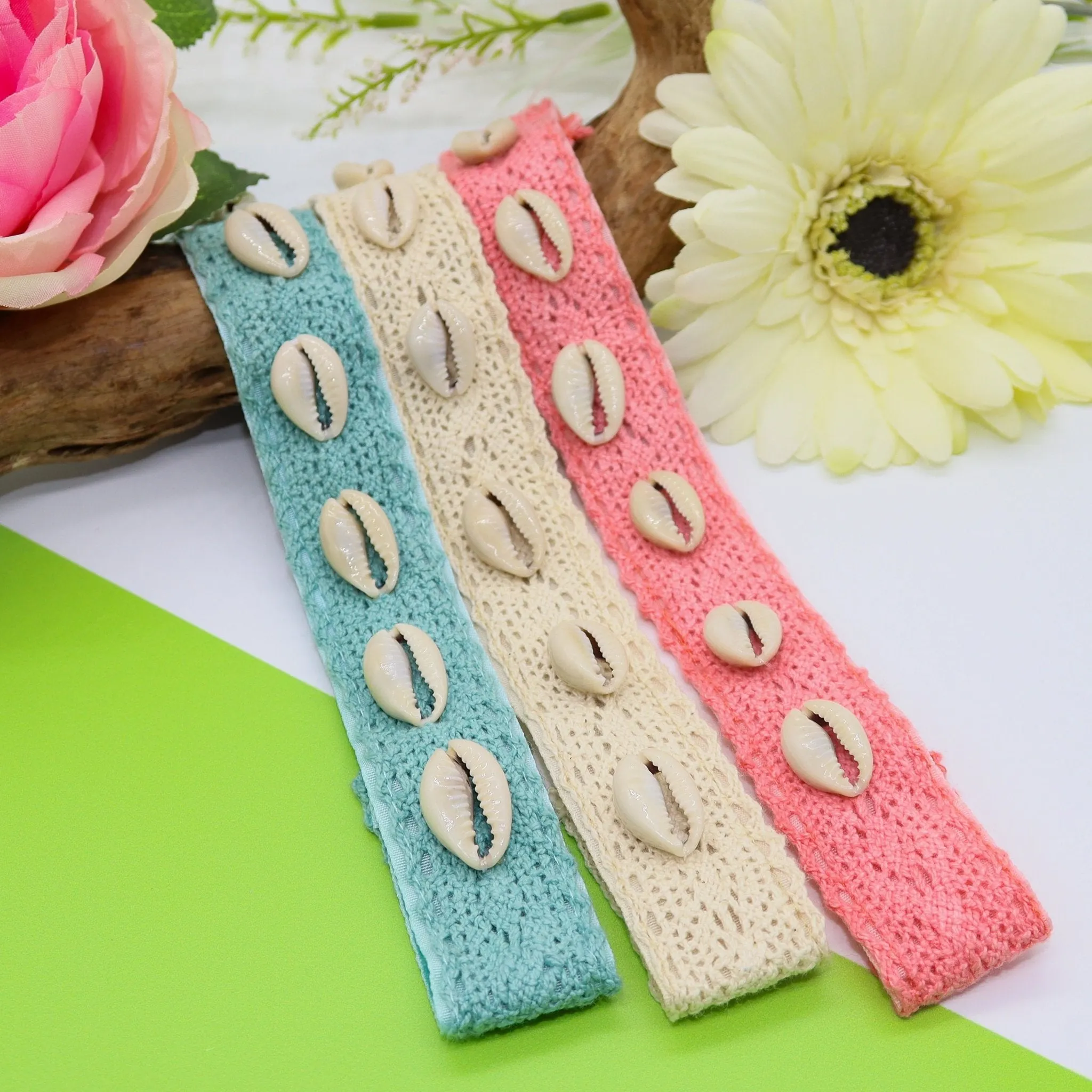 Adjustable No Slip Cowrie Lace Headbands - 3 Pack