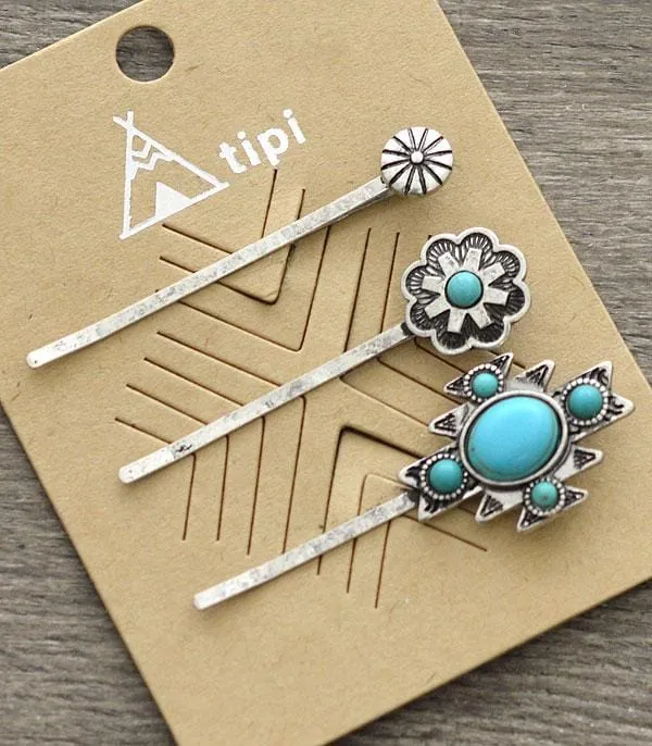 Aztec 3 pack Turquoise BOBBY HAIR PINS