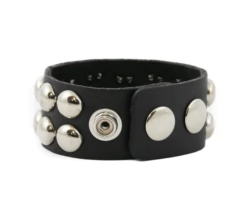 Black Leather Bracelet w/ 2 Rows of Round Silver Studs