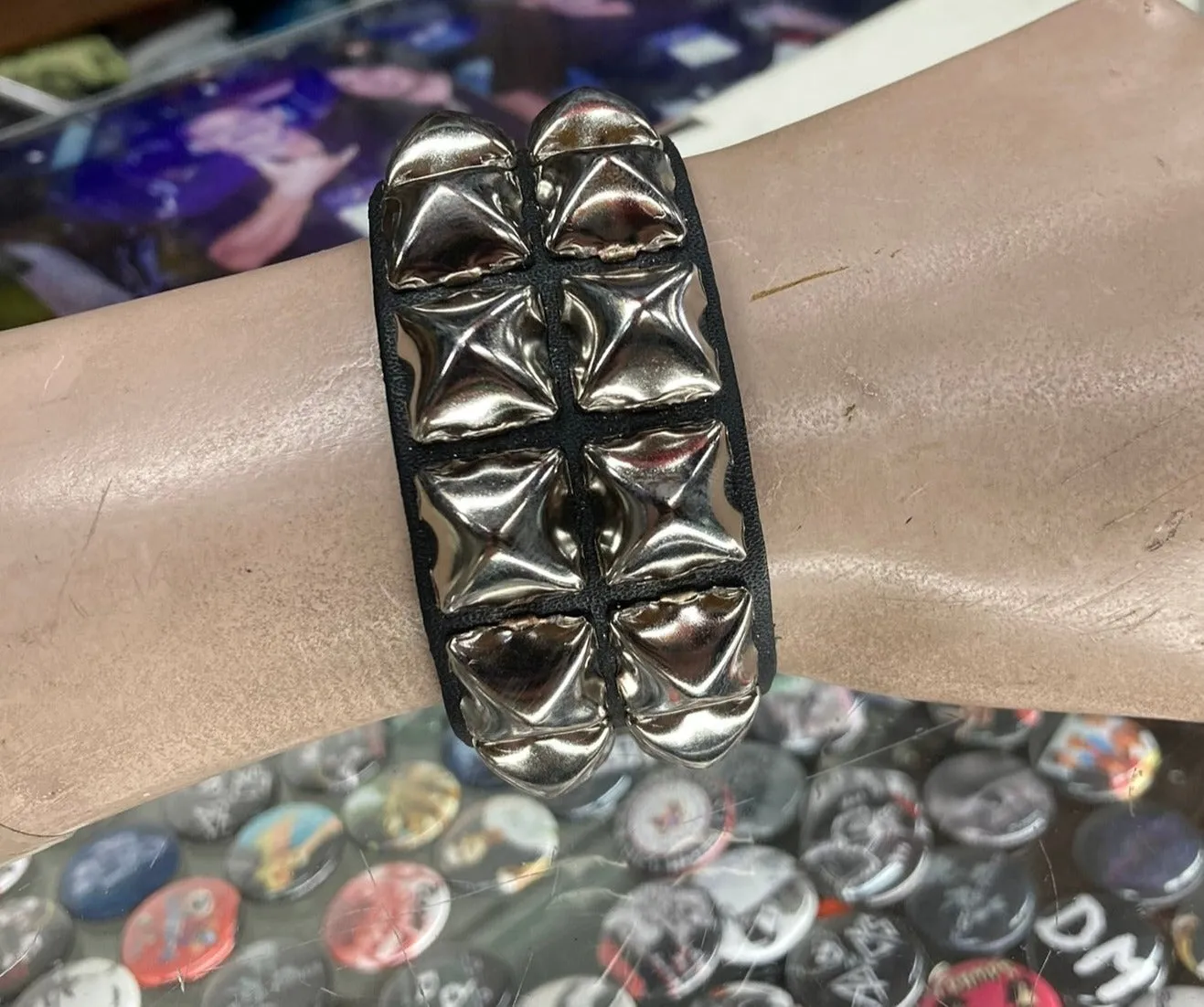 Black Leather Bracelet w/ 2 Rows of Silver Pyramid Studs