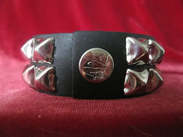 Black Leather Bracelet w/ 2 Rows of Silver Pyramid Studs