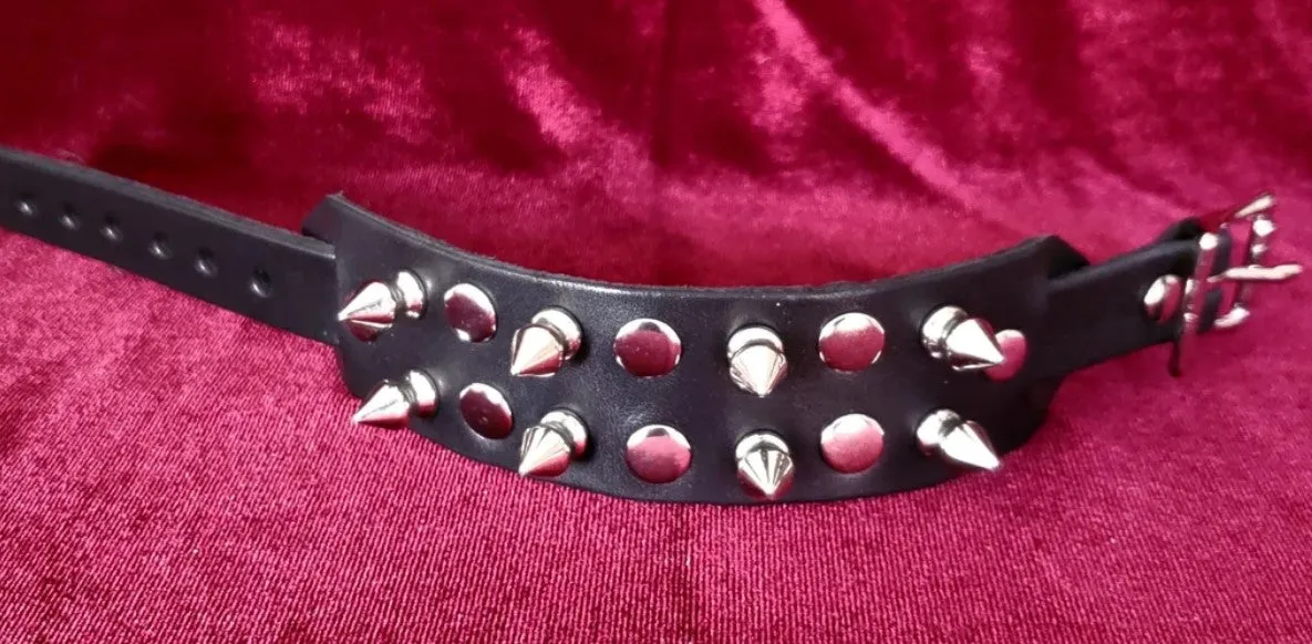 Black Leather Bracelet w/ 2 Rows of Silver Rivet Studs and Spikes