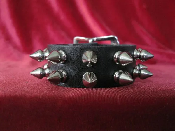 Black Leather Bracelet w/ 2 Rows of Silver Spikes