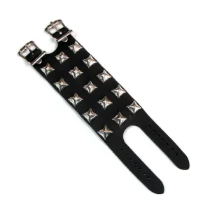 Black Leather Bracelet w/ 3 Rows of Silver Pyramid Studs