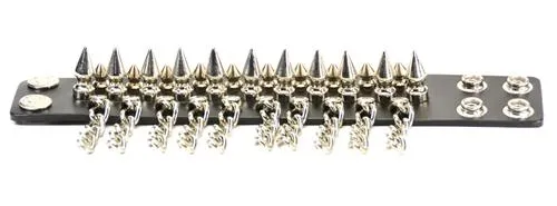 Black Leather Bracelet w/ 3 Rows of Silver Spikes & Silver Chains