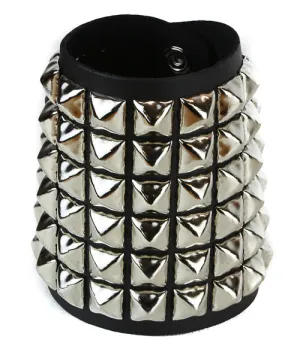 Black Leather Bracelet w/ 6 Rows of Silver Pyramid Studs