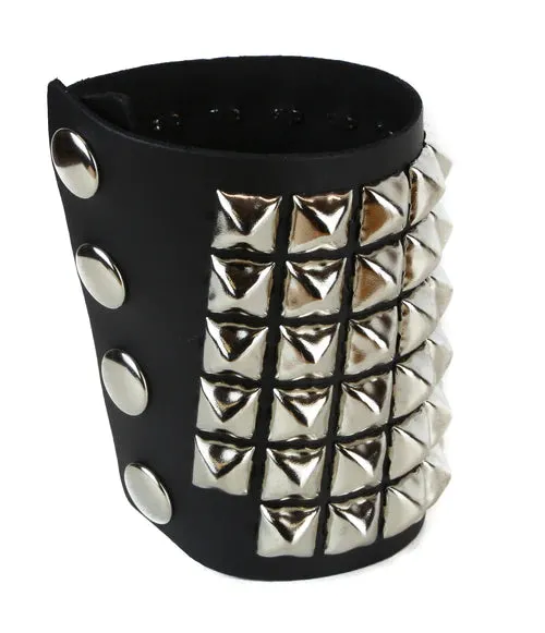 Black Leather Bracelet w/ 6 Rows of Silver Pyramid Studs