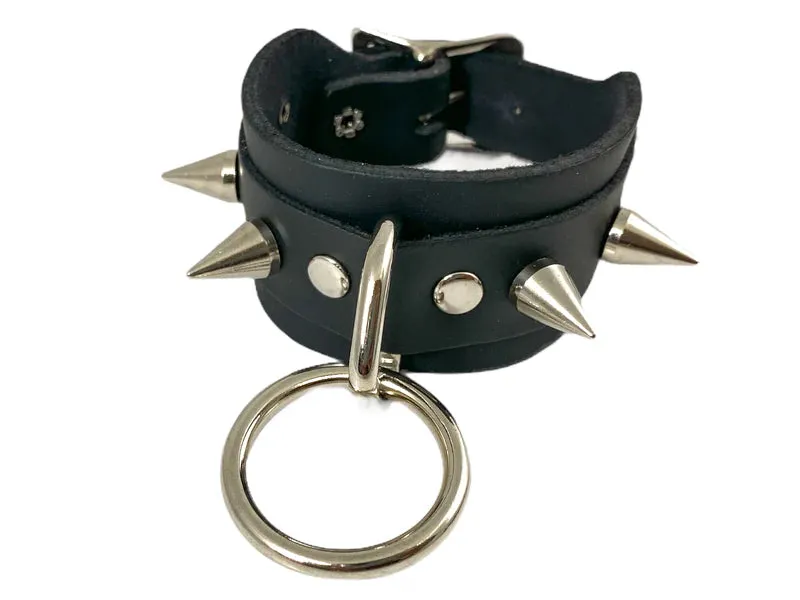 Black Leather Bracelet w/ Silver O Ring and Cone Spikes