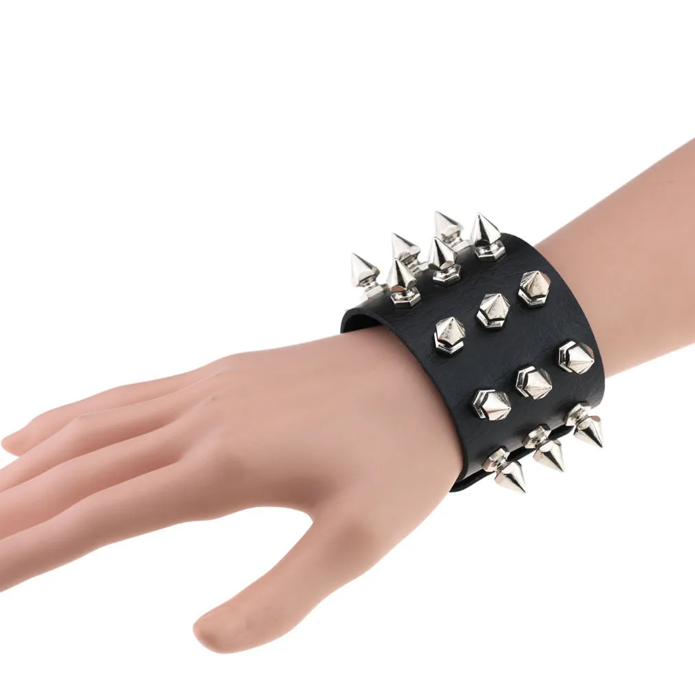 Black Leather Bracelet w/ Three Rows of Squared Silver Tree Spikes