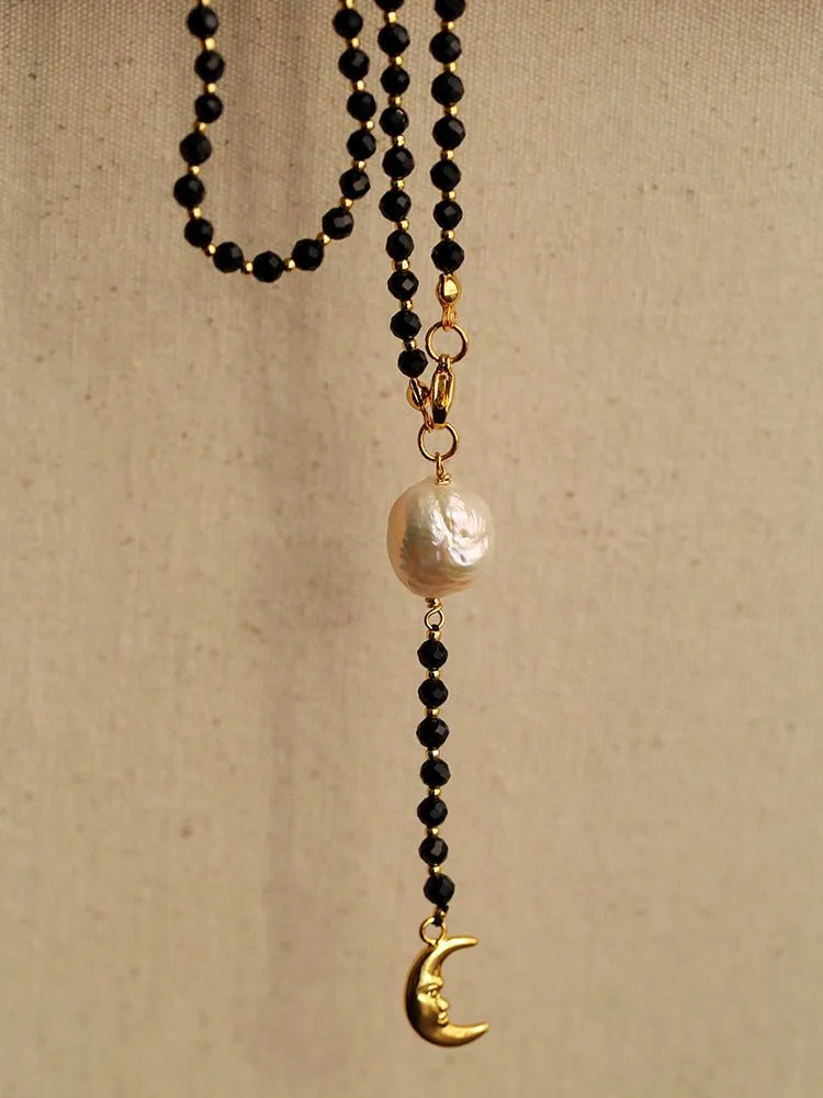 Black Onyx Baroque Pearl  Long Necklace