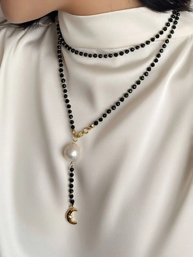 Black Onyx Baroque Pearl  Long Necklace