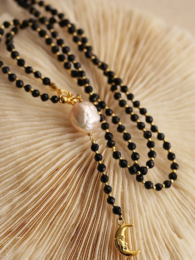 Black Onyx Baroque Pearl  Long Necklace