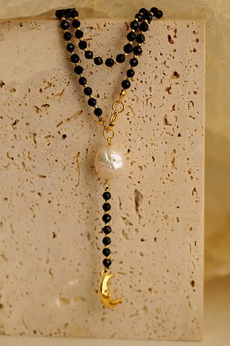 Black Onyx Baroque Pearl  Long Necklace