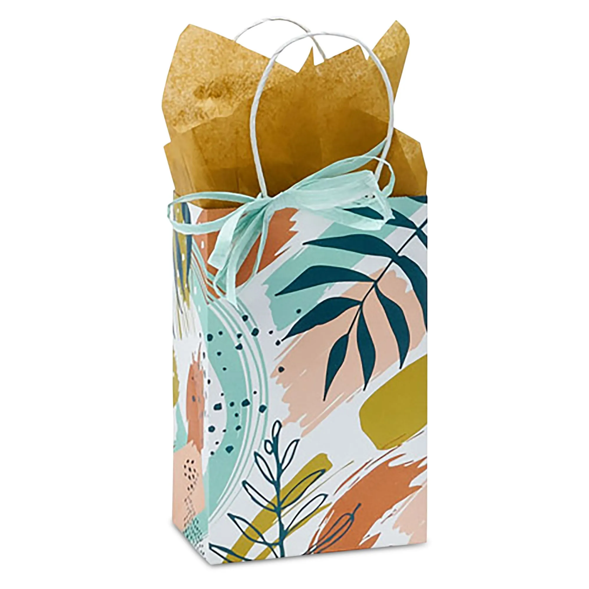 Boho Breeze Leaf Print Paper Gift Bags and Party Favor Bags, Small 5.25x3.5x8.25" (12 Pack)