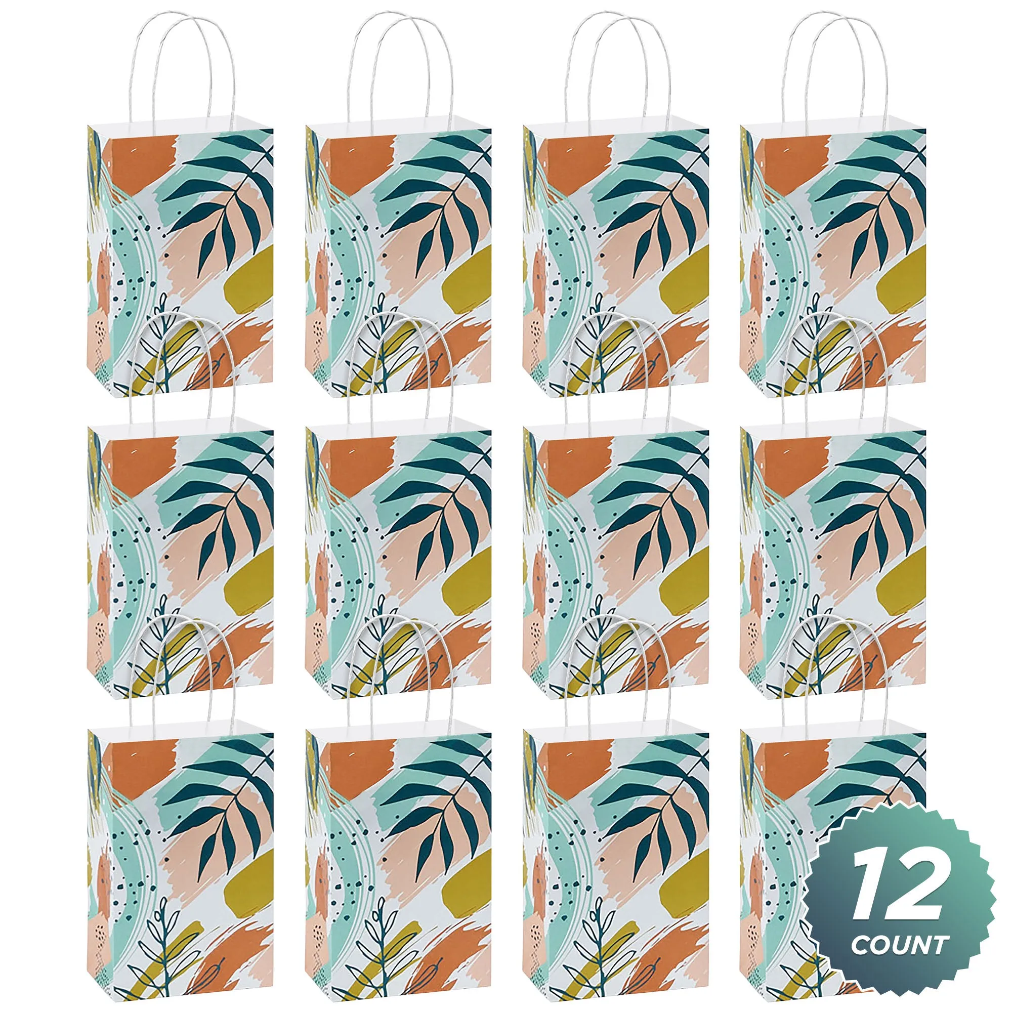 Boho Breeze Leaf Print Paper Gift Bags and Party Favor Bags, Small 5.25x3.5x8.25" (12 Pack)