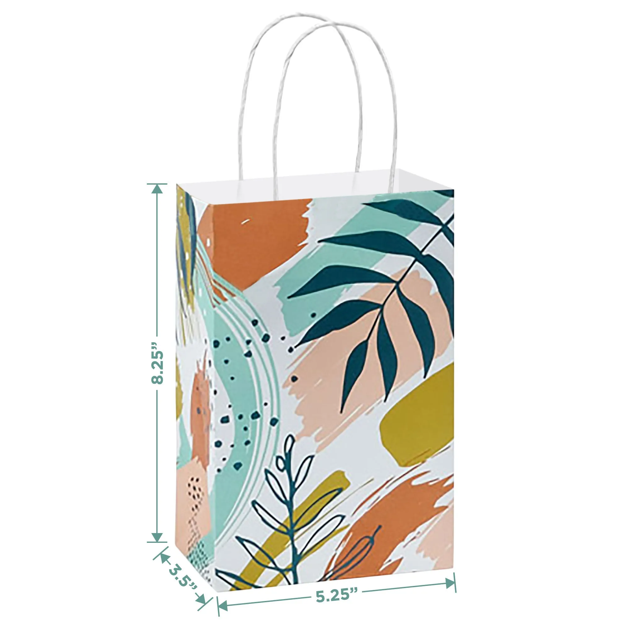 Boho Breeze Leaf Print Paper Gift Bags and Party Favor Bags, Small 5.25x3.5x8.25" (12 Pack)