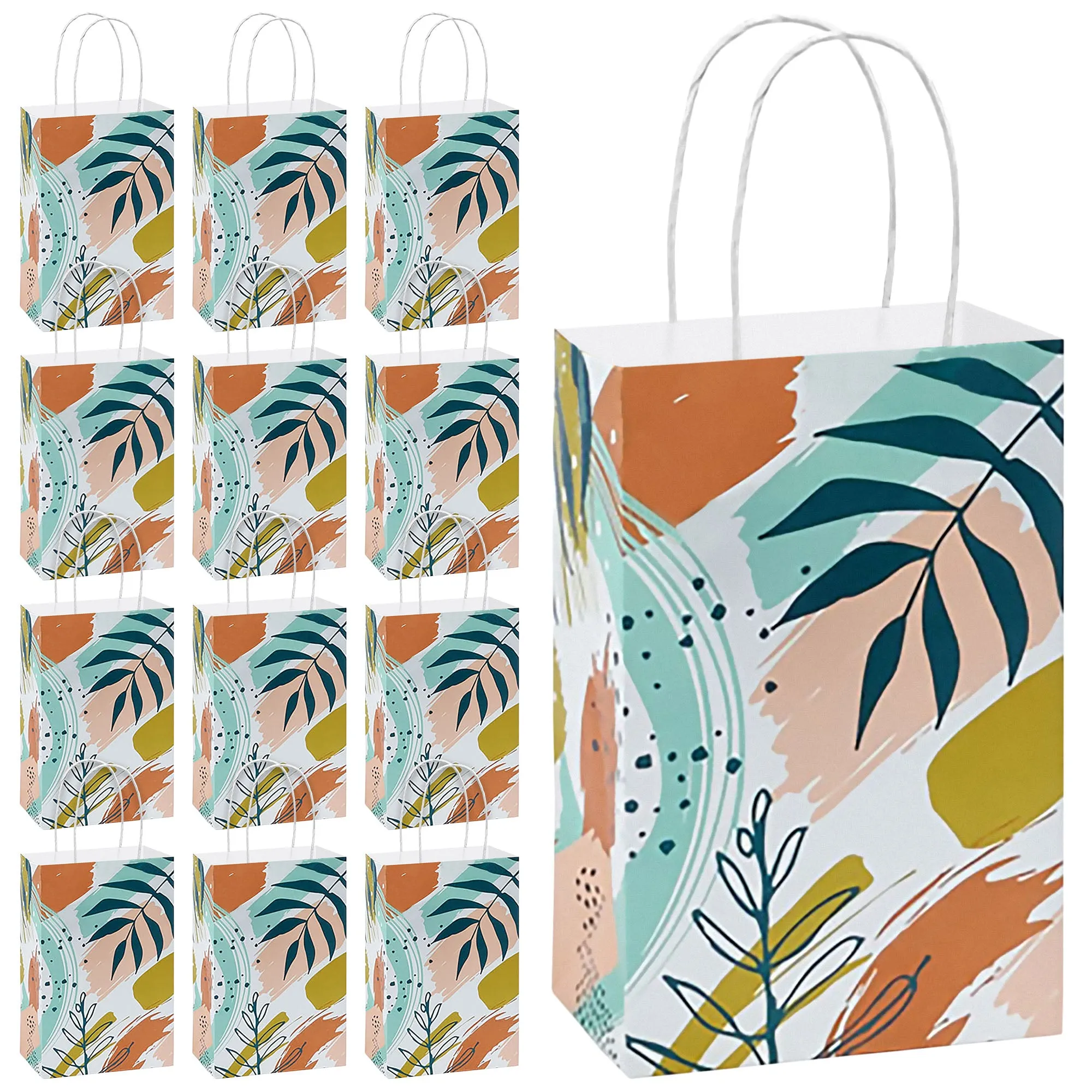 Boho Breeze Leaf Print Paper Gift Bags and Party Favor Bags, Small 5.25x3.5x8.25" (12 Pack)