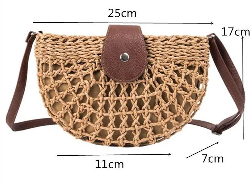 Boho Handmade Half Moon Straw Cross Body Bag