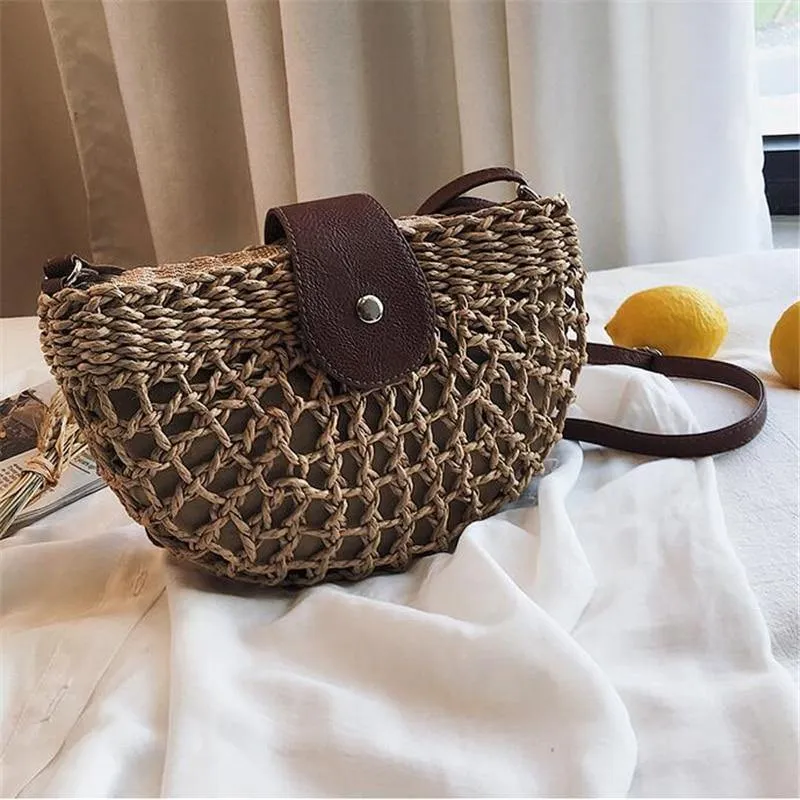 Boho Handmade Half Moon Straw Cross Body Bag