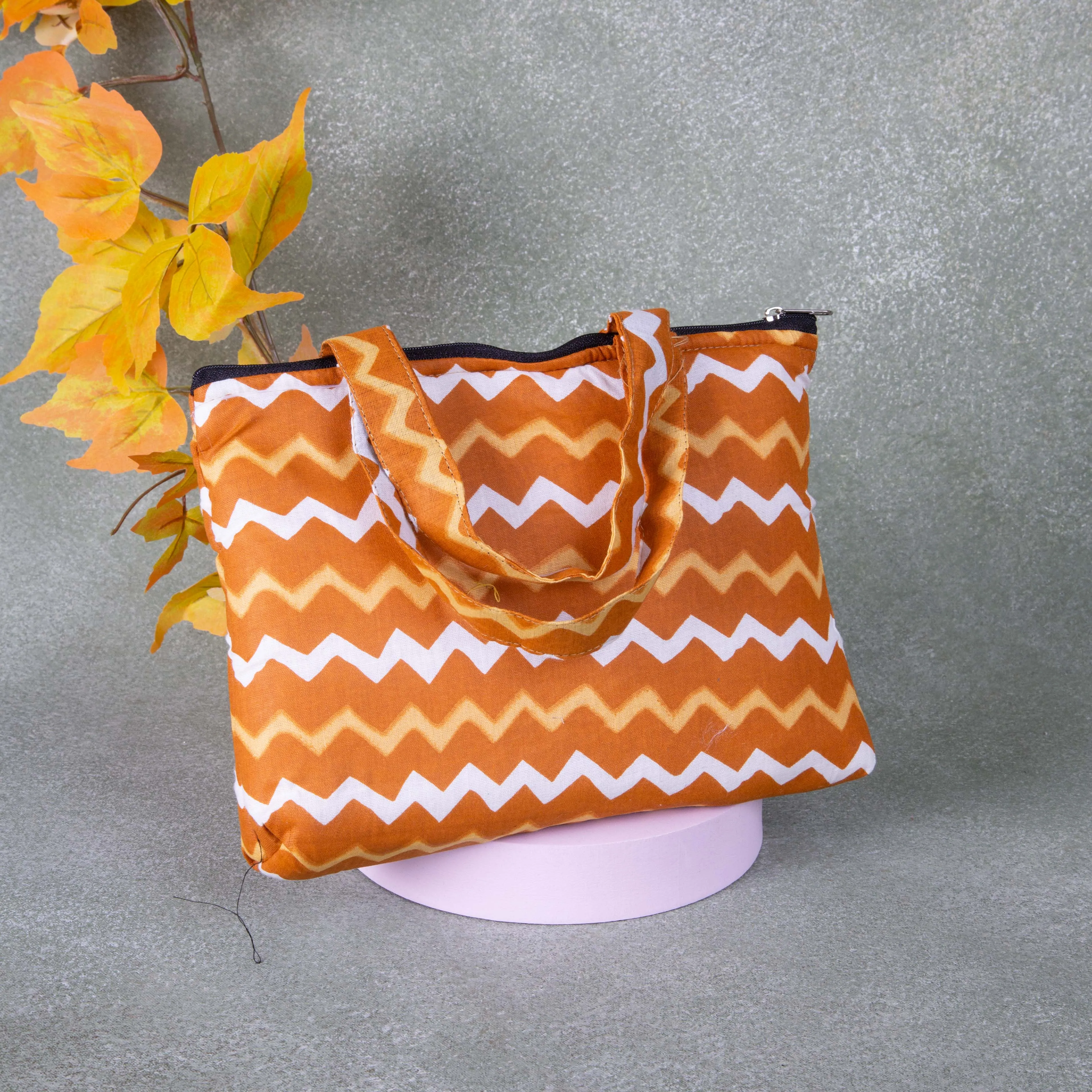 Bristlefront everyday handy bags Mustered Colour with White Zig Zag Design.