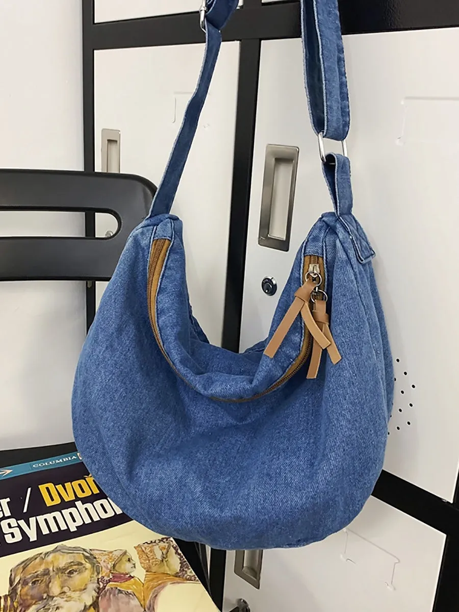 Casual Solid Denim Large Capacity Crossbody Bag