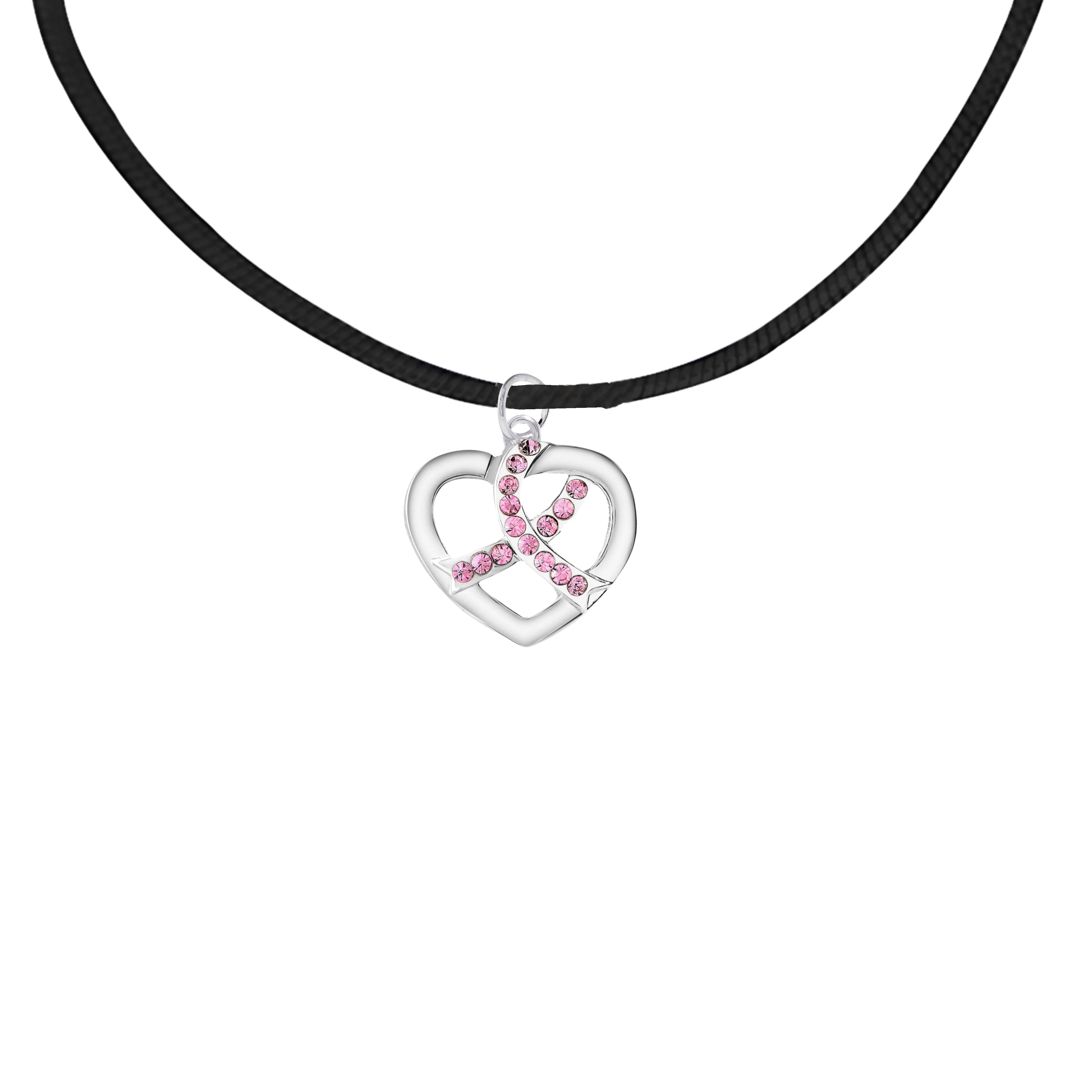 Crystal Pink Ribbon Heart Leather Cord Necklaces