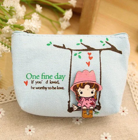 Cute Canvas Coin Bag Lovely Girls The Swing Holder Purse Small Zipper Wallet Card Purse Zip Key Case Money Clip