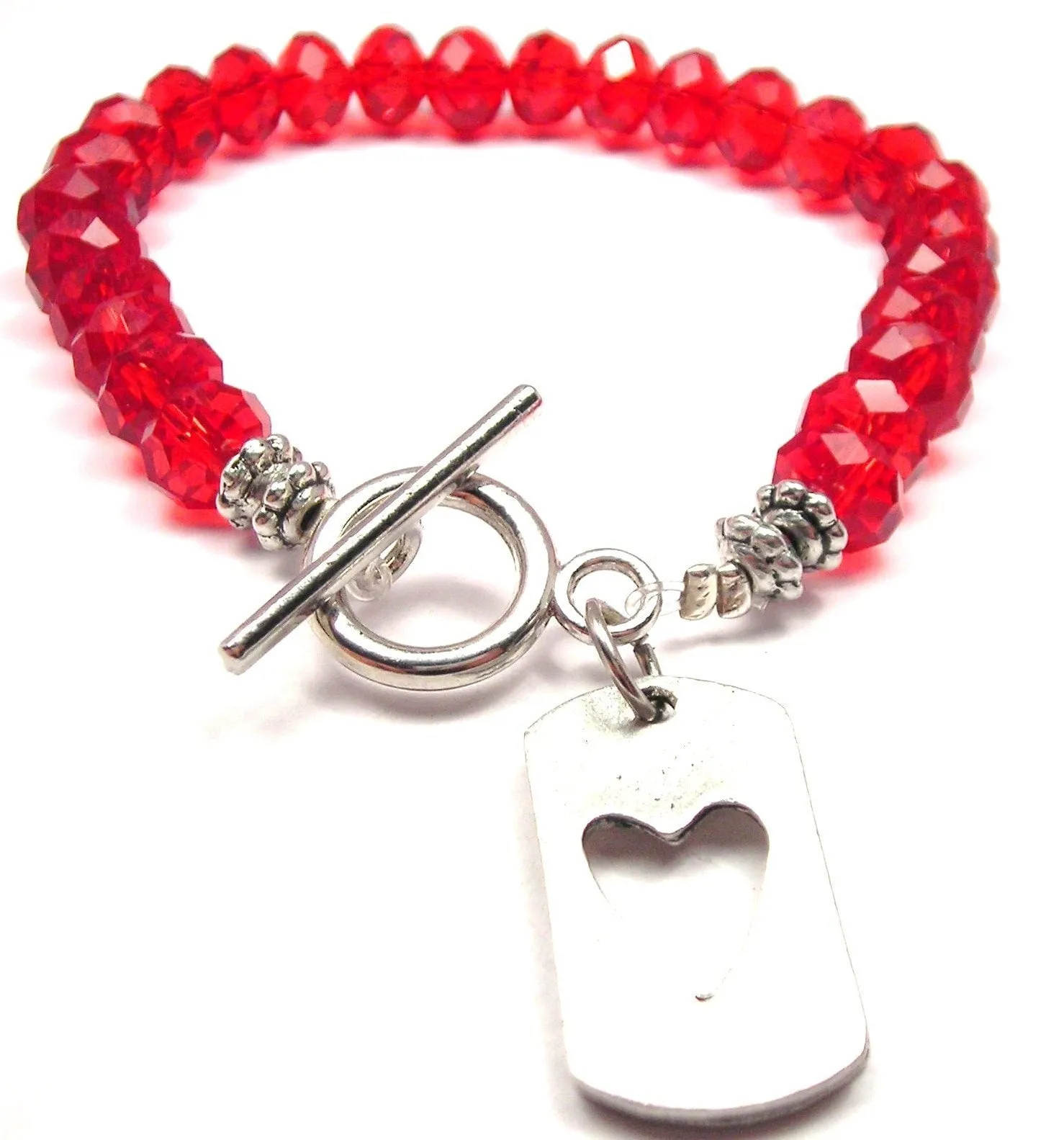 Dog Tag With Open Heart Crystal Beaded Toggle Style Bracelet