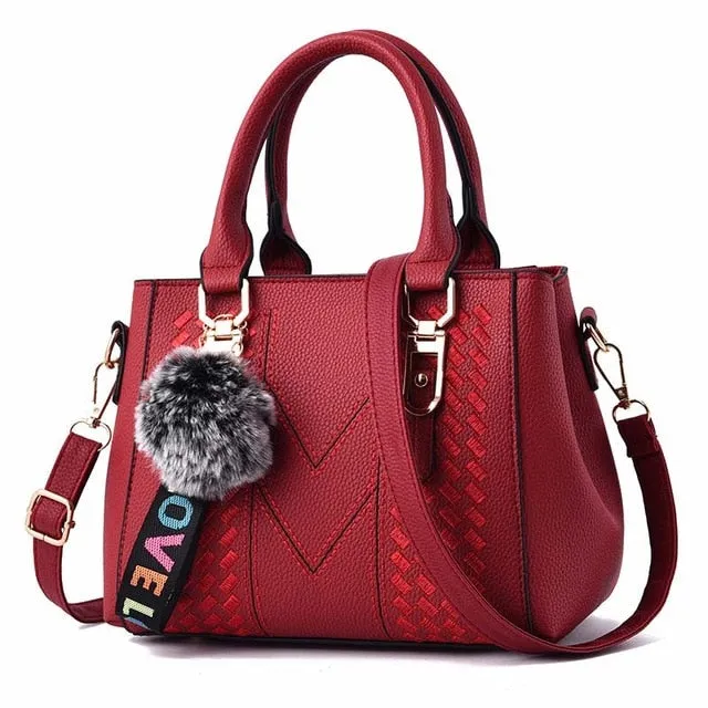 Embroidery Handbags with Fur Ball Designer PU Leather Shoulder Messenger Bag Office Crossbody Tote Bag Female Purse Handbag