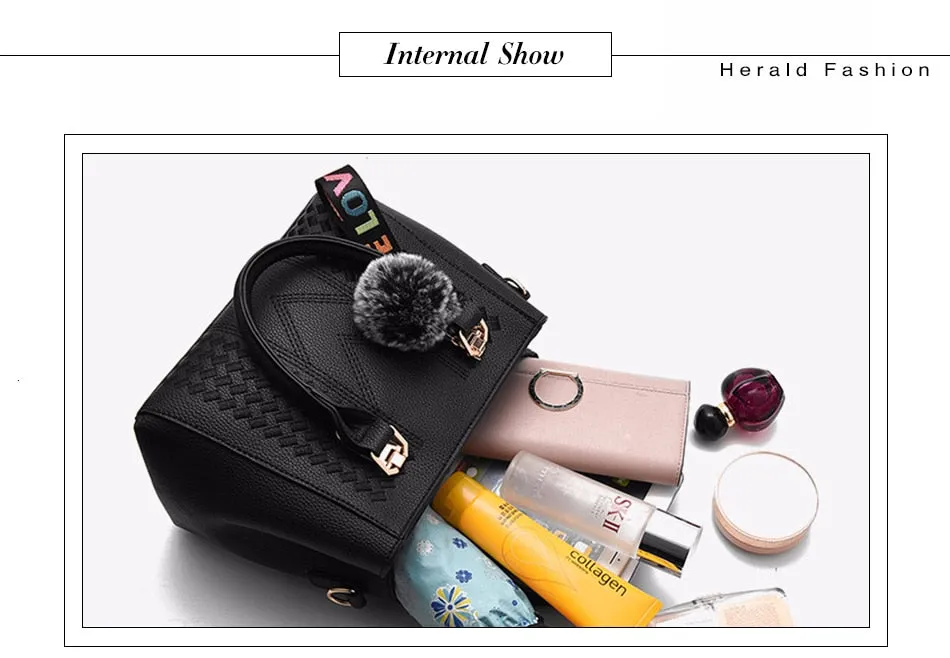 Embroidery Handbags with Fur Ball Designer PU Leather Shoulder Messenger Bag Office Crossbody Tote Bag Female Purse Handbag