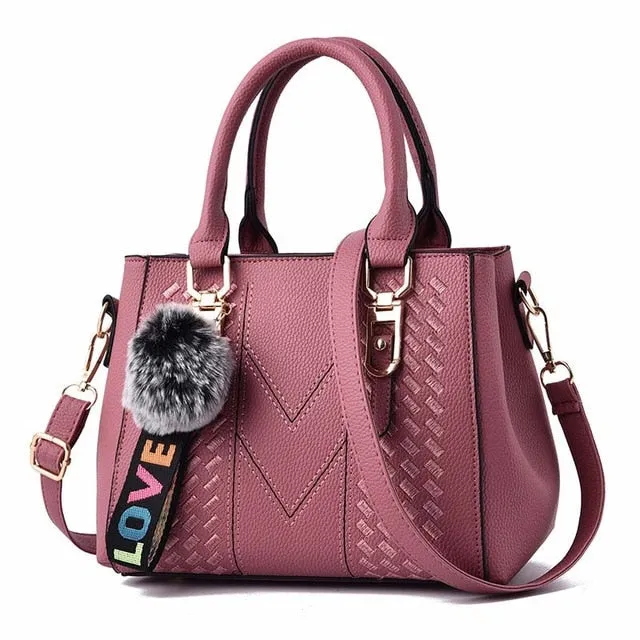 Embroidery Handbags with Fur Ball Designer PU Leather Shoulder Messenger Bag Office Crossbody Tote Bag Female Purse Handbag