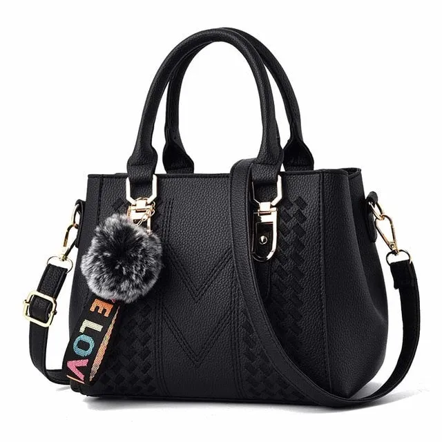 Embroidery Handbags with Fur Ball Designer PU Leather Shoulder Messenger Bag Office Crossbody Tote Bag Female Purse Handbag