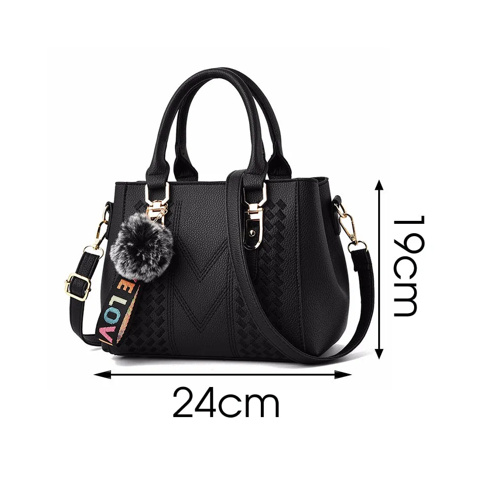 Embroidery Handbags with Fur Ball Designer PU Leather Shoulder Messenger Bag Office Crossbody Tote Bag Female Purse Handbag