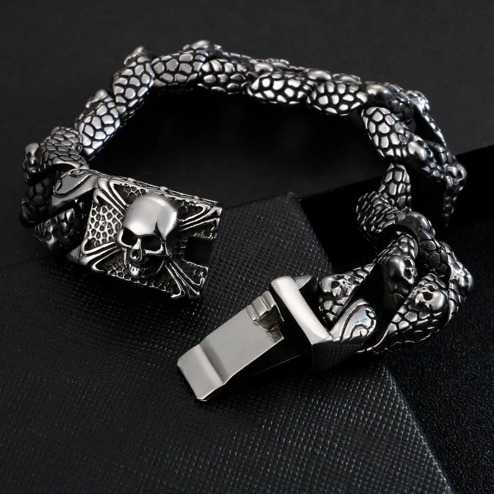 FONGTEN Men's Gothic Style Stainless Steel Skull Link Bracelet