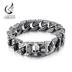 FONGTEN Men's Gothic Style Stainless Steel Skull Link Bracelet