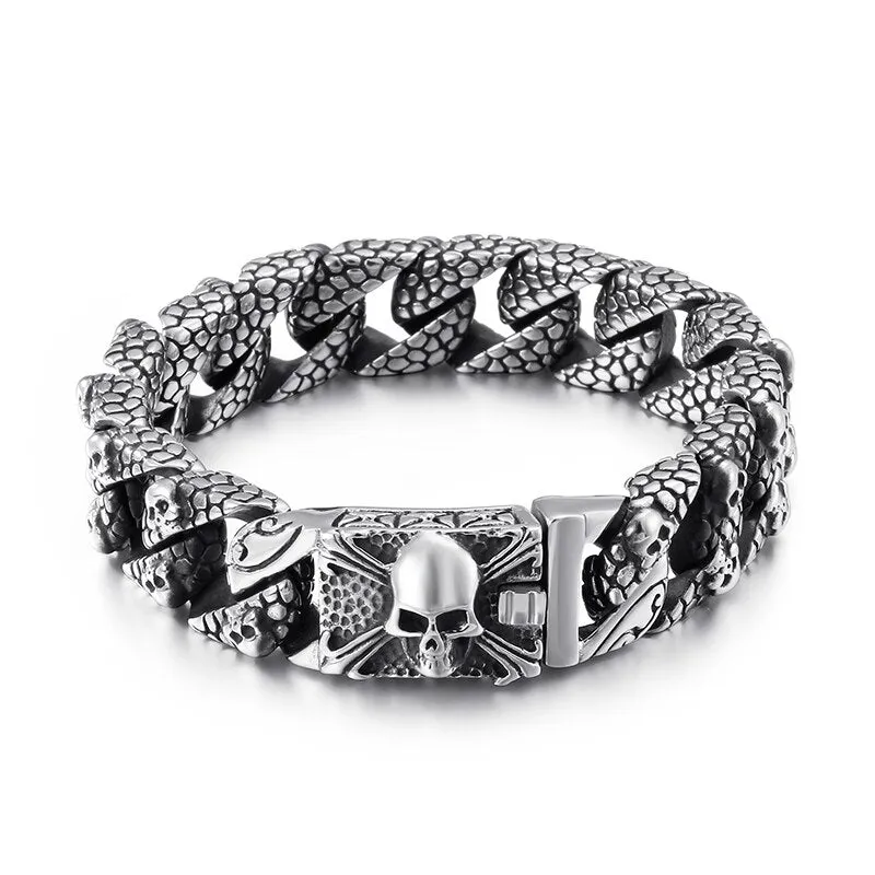 FONGTEN Men's Gothic Style Stainless Steel Skull Link Bracelet