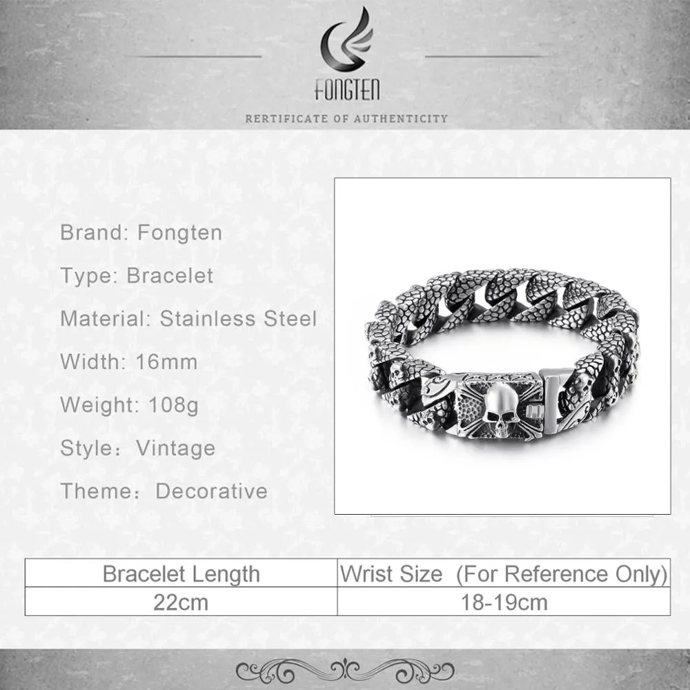 FONGTEN Men's Gothic Style Stainless Steel Skull Link Bracelet