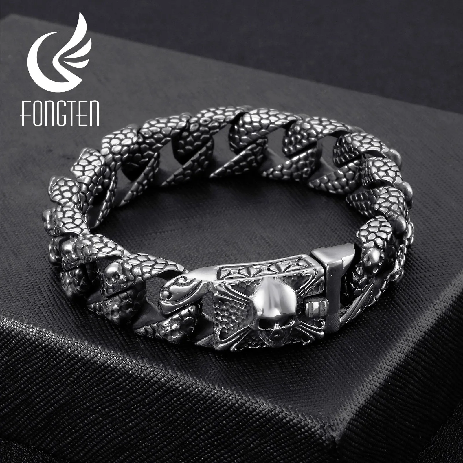 FONGTEN Men's Gothic Style Stainless Steel Skull Link Bracelet