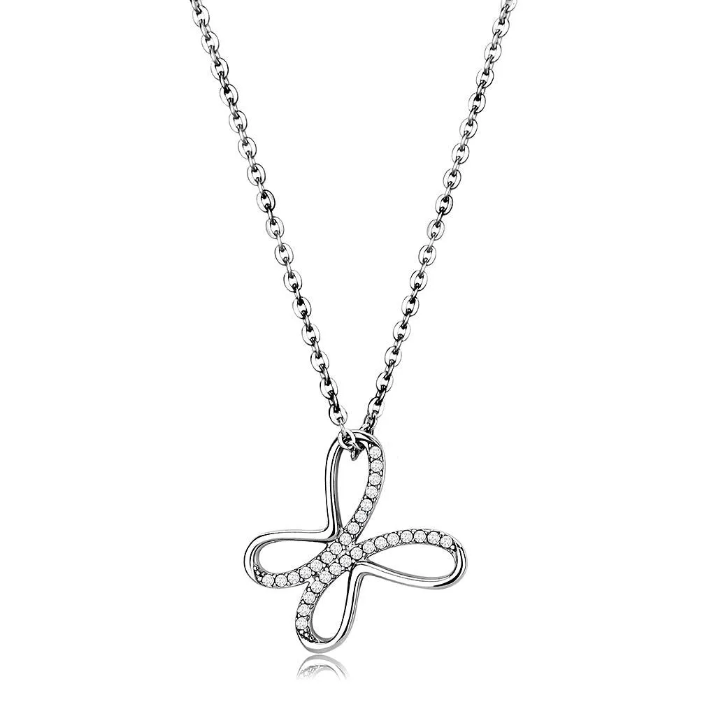 High polished (no plating) Stainless Steel Chain Pendant with AAA Grade CZ in Clear for Women Style DA093