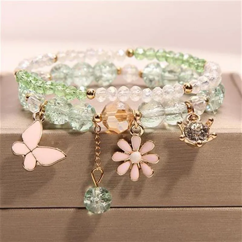 Korean style summer fresh mushroom floral pendant bracelets double-layer popcorn Crystal elastic bracelet for women