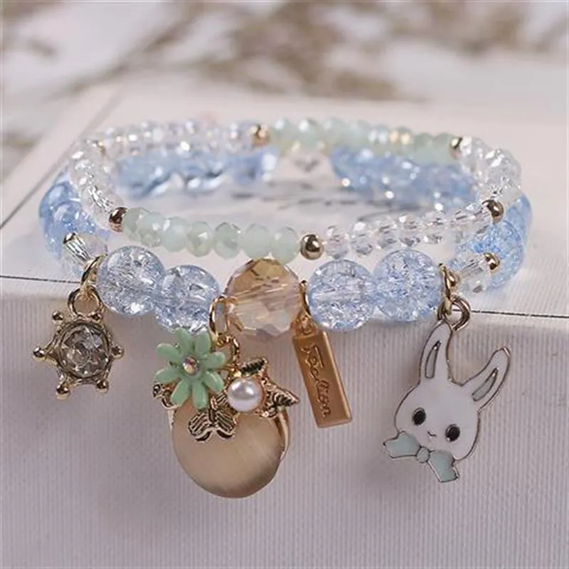 Korean style summer fresh mushroom floral pendant bracelets double-layer popcorn Crystal elastic bracelet for women